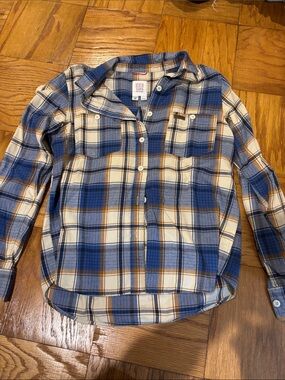 Topo Designs Blue, Cream & Brown Plaid Button-Down Shirt
